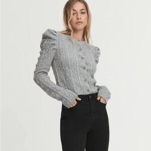 Something Navy Wool Blend Charlie Puff Shoulder Cable Knit Cardigan Gray Small